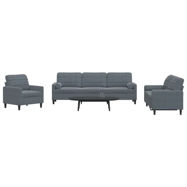 Gossi set de canapele cu perne/rulouri, 3 piese, gri inchis, catifea
