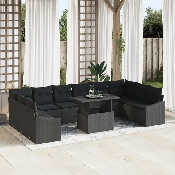Gossi set de canapele de gradina cu 11 piese si perne, negru, poliratan