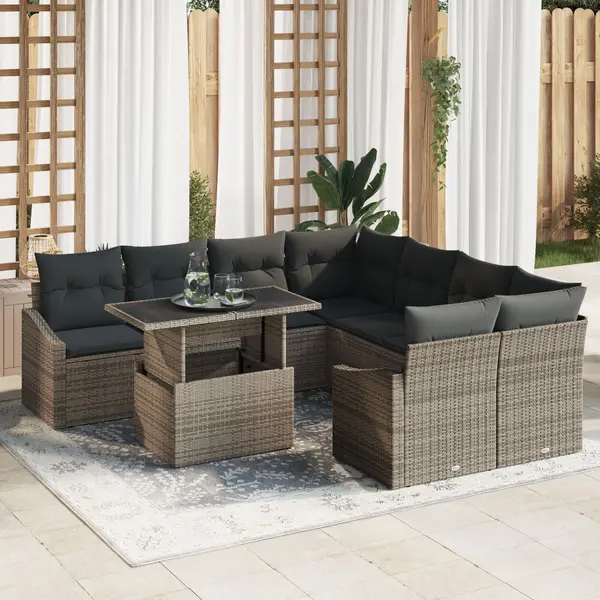 Gossi set de canapele de gradina de 9 piese cu perne gri din ratan poli
