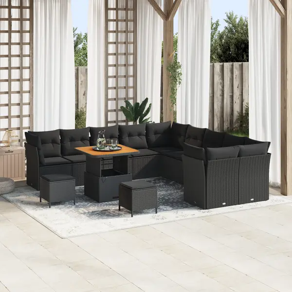 Gossi set de canapele pentru gradina cu 13 piese si perne negru poliratan acacia, Gossi set de dining pentru gradina cu 3 piese si perne negru poliratan acacia