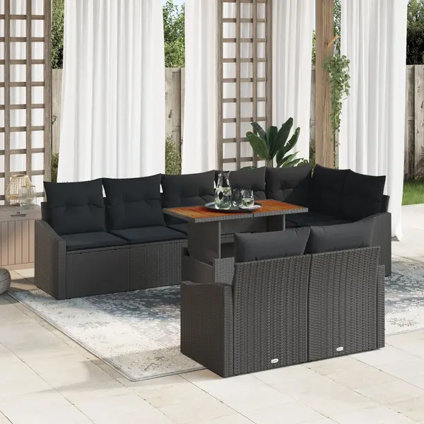 Gossi set de cina pentru gradina , 9 piese cu perne, ratan polyratan negru si acacia