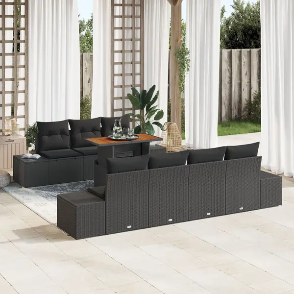 Gossi set de dining pentru gradina 8 piese cu perne, ratan negru si acacia