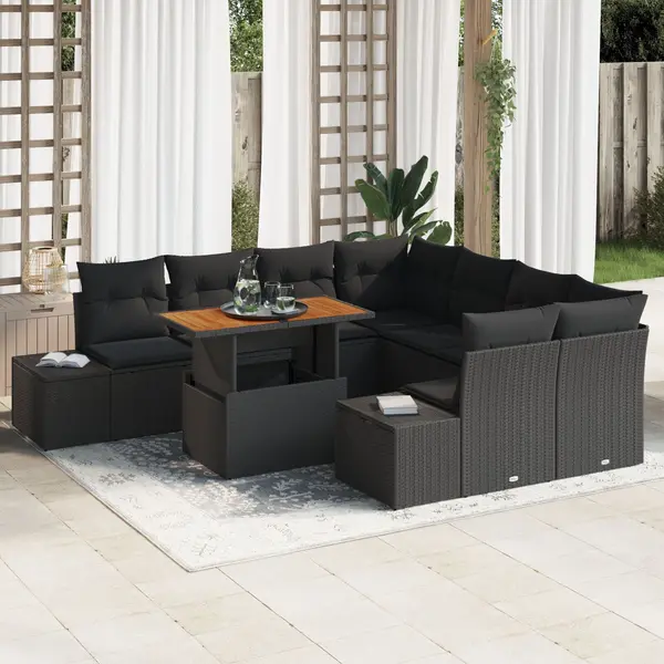 Gossi set de dining pentru gradina 9 piese cu perne ratan poli si acacia negru