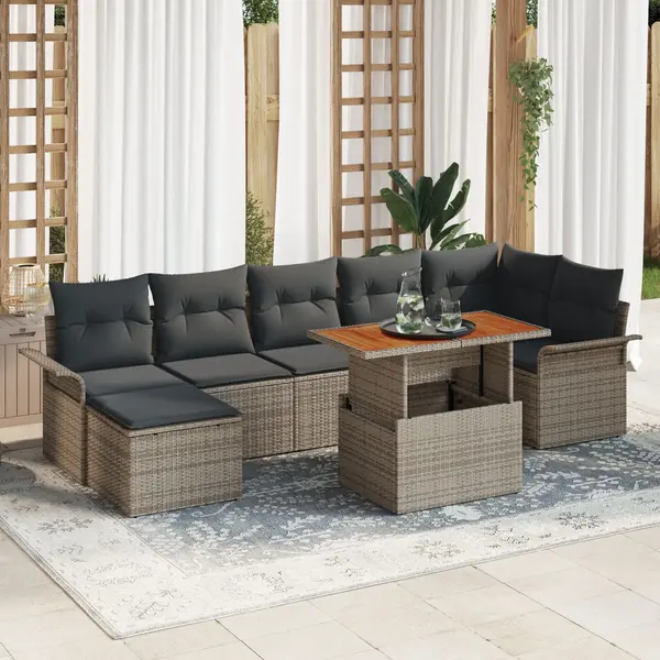 Gossi set de dining pentru gradina cu 8 piese si perne gri din poliratan si acacia