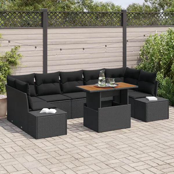Gossi set de dining pentru gradina de 8 piese cu perne, ratan poli, acacia, negru