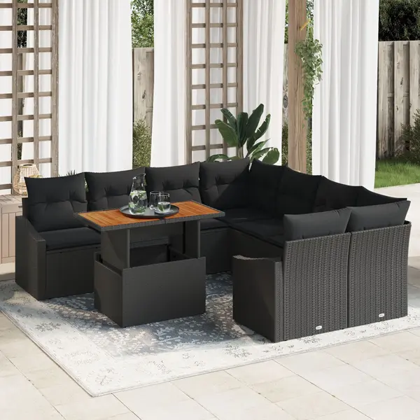 Gossi set de dining pentru gradina format din 9 piese cu perne, rattan poli, acacia neagra