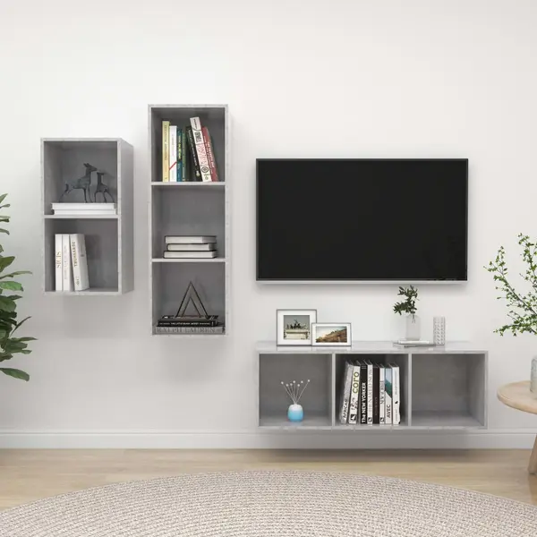 Gossi set de dulapuri tv, 3 piese, gri beton, lemn prelucrat