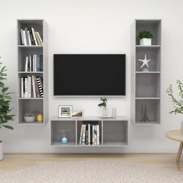 Gossi set de dulapuri tv, 3 piese, gri beton, lemn prelucrat