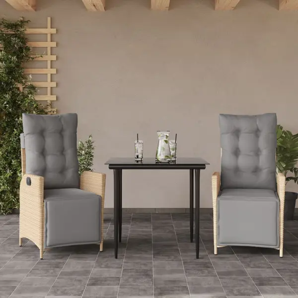 Gossi set de masa pentru gradina, 3 piese, cu perne, bej, poliratan