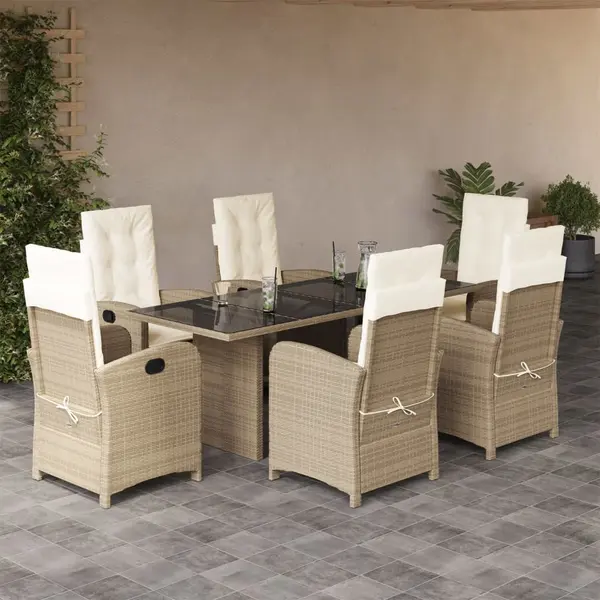 Gossi set de masa pentru gradina, 7 piese, cu perne, bej, poliratan