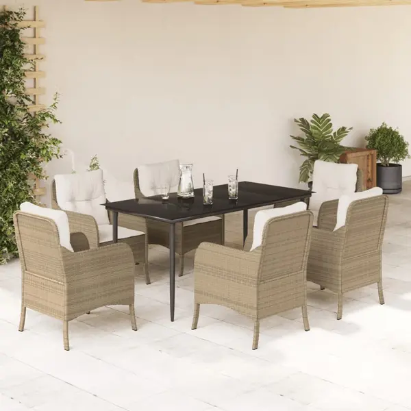 Gossi set de masa pentru gradina, 7 piese, cu perne, bej, poliratan