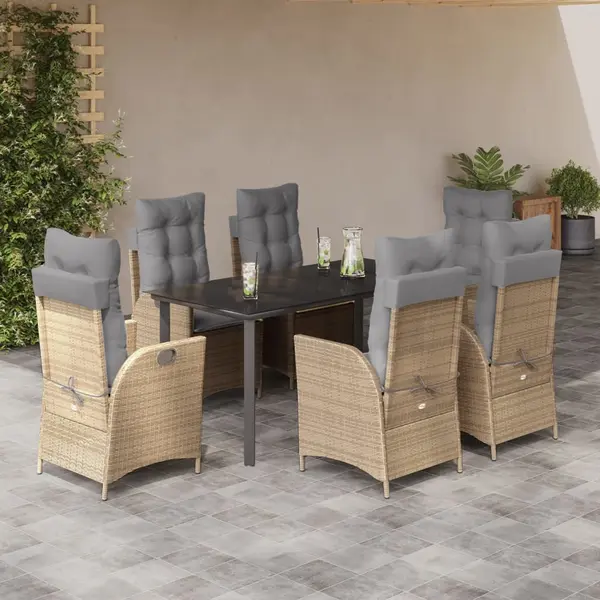Gossi set de masa pentru gradina, 7 piese, cu perne, bej, poliratan