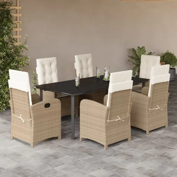 Gossi set de masa pentru gradina, 7 piese, cu perne, bej, poliratan