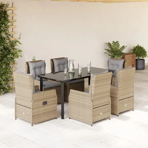 Gossi set de masa pentru gradina, 7 piese, cu perne, bej, poliratan