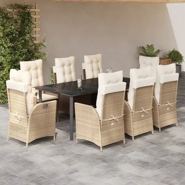 Gossi set de masa pentru gradina, 9 piese, cu perne, bej, poliratan