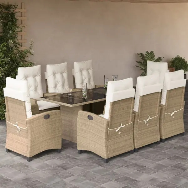 Gossi set de masa pentru gradina, 9 piese, cu perne, bej, poliratan