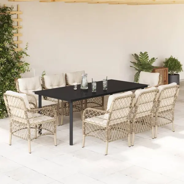 Gossi set de masa pentru gradina, 9 piese, cu perne, bej, poliratan