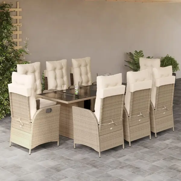 Gossi set de masa pentru gradina, 9 piese, cu perne, bej, poliratan