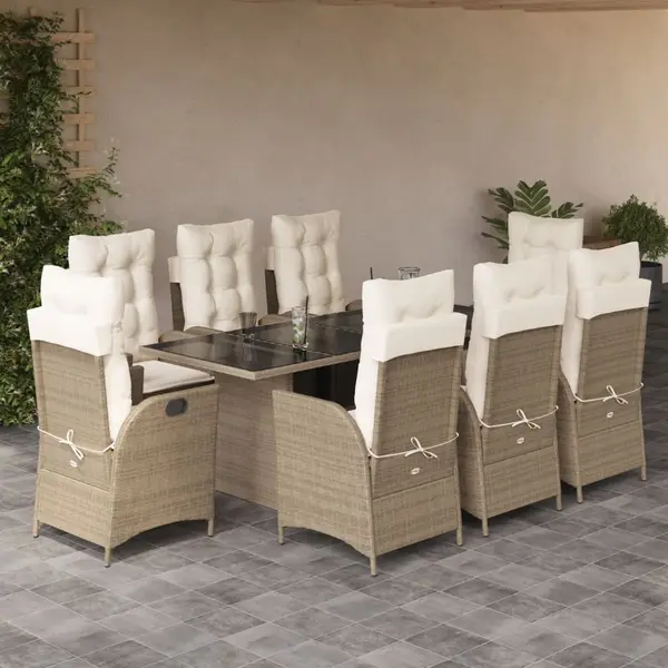 Gossi set de masa pentru gradina, 9 piese, cu perne, bej, poliratan