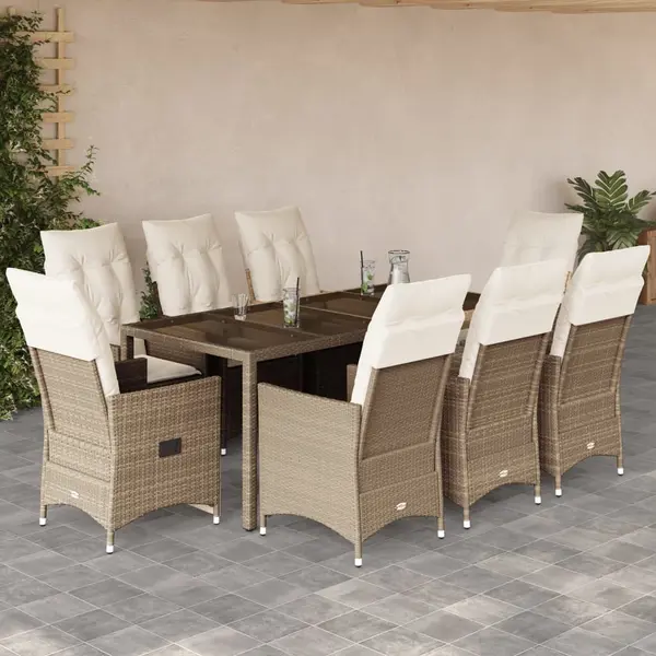 Gossi set de masa pentru gradina, 9 piese, cu perne, bej, poliratan