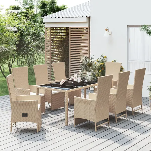 Gossi set de masa pentru gradina, 9 piese, cu perne, bej, poliratan