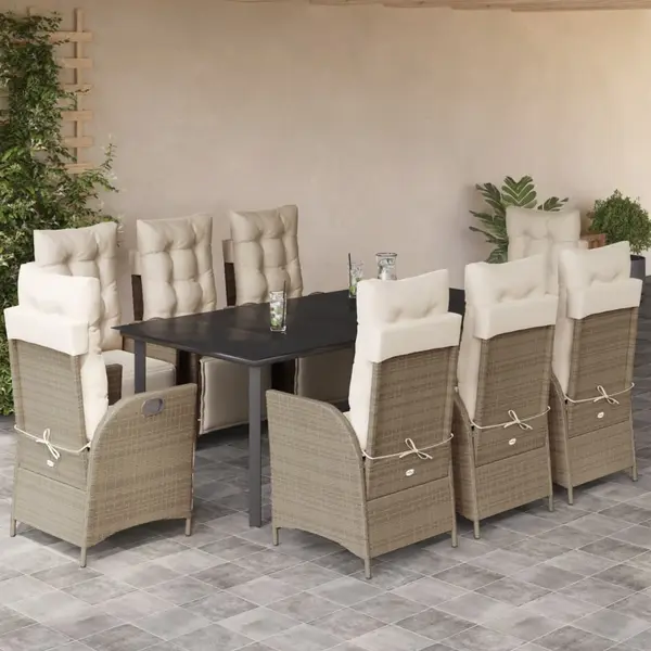 Gossi set de masa pentru gradina, 9 piese, cu perne, bej, poliratan