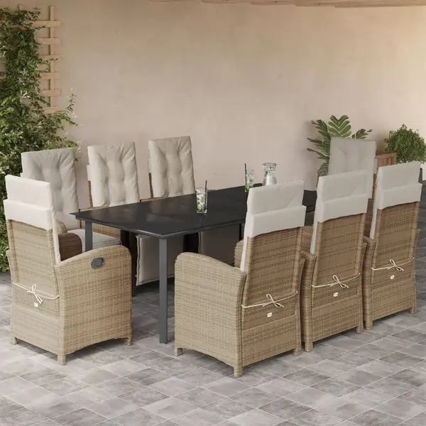 Gossi set de masa pentru gradina, 9 piese, cu perne, bej, poliratan