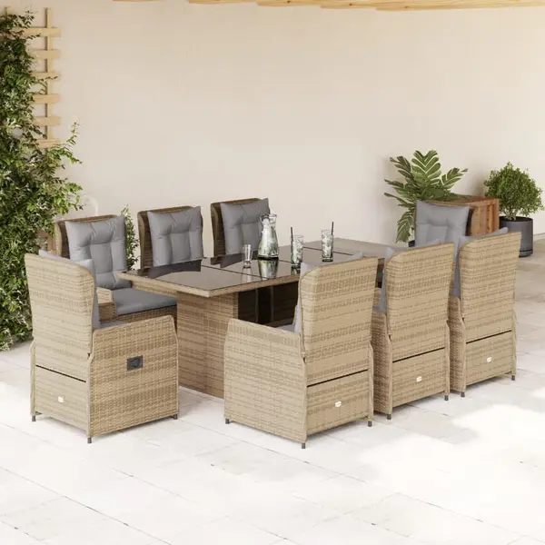 Gossi set de masa pentru gradina, 9 piese, cu perne, bej, poliratan