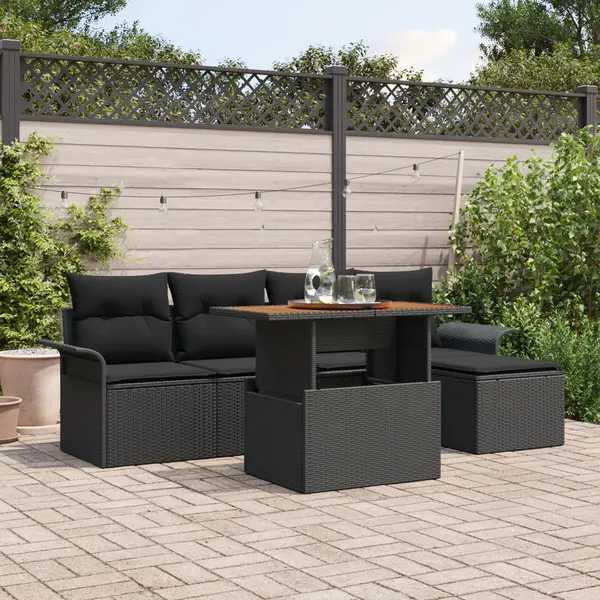 Gossi set de masa pentru gradina de 6 piese cu pernite negru ratan poliamidic
