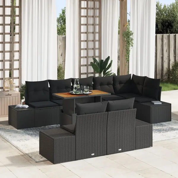 Gossi set de mese de gradina de 9 piese cu perne negru ratan poli acacia