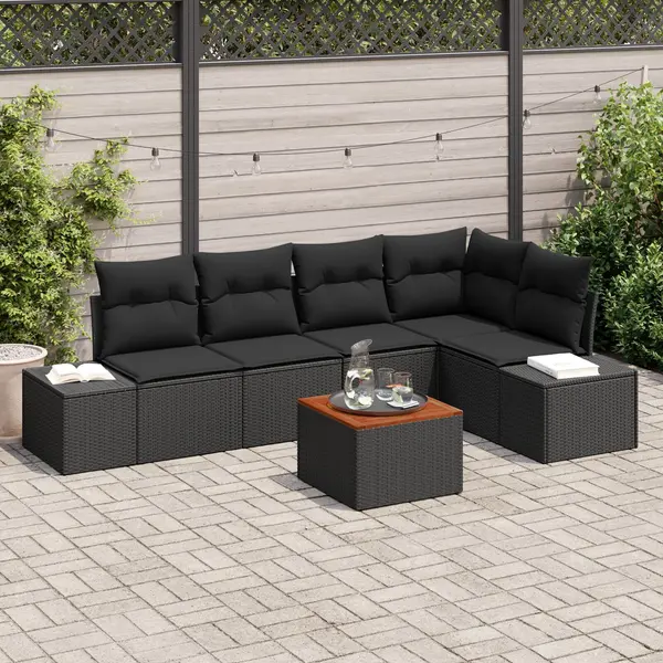 Gossi set de sofa de gradina cu 6 piese si perne negre din poliratan si lemn de acacia