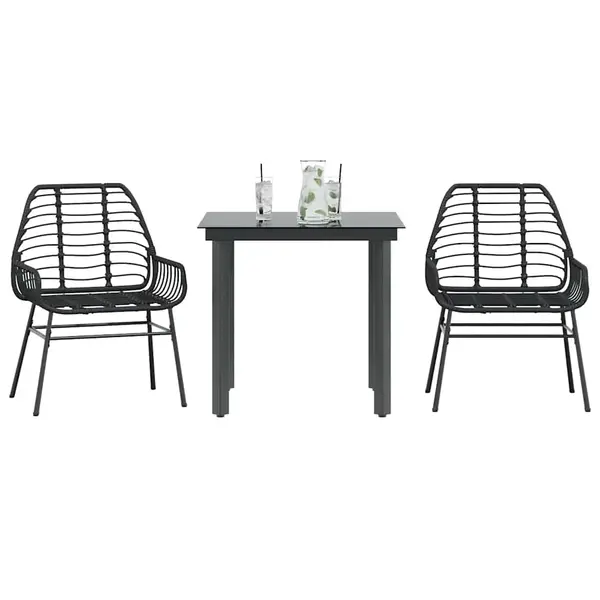 Gossi set de sufragerie de gradina 3 piese sticla neagra poli ratan