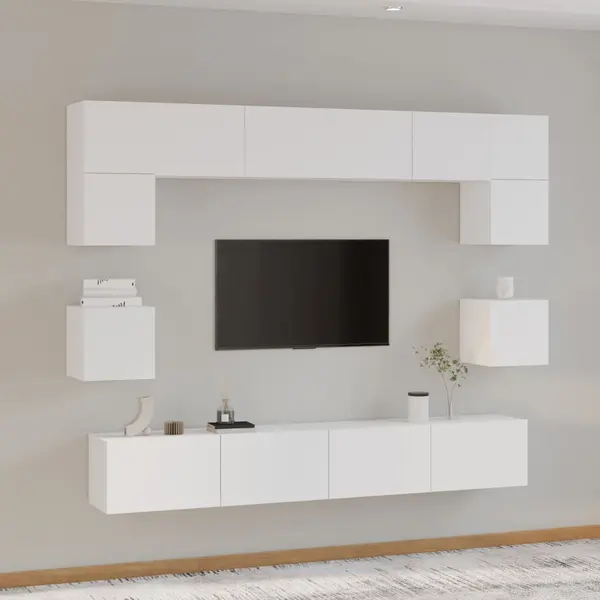 Gossi set dulap tv, 8 piese, alb, lemn prelucrat