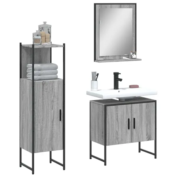 Gossi set dulapuri de baie, 3 piese, gri sonoma, lemn prelucrat