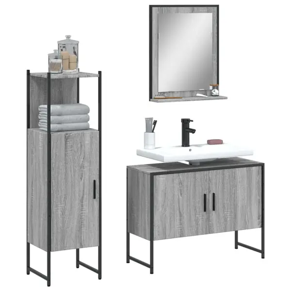 Gossi set dulapuri de baie, 3 piese, gri sonoma, lemn prelucrat