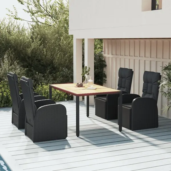 Gossi set masa pentru gradina, 5 piese, negru, poliratan/lemn acacia