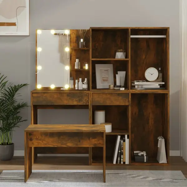 Gossi set masuta de toaleta cu led, stejar afumat, lemn prelucrat