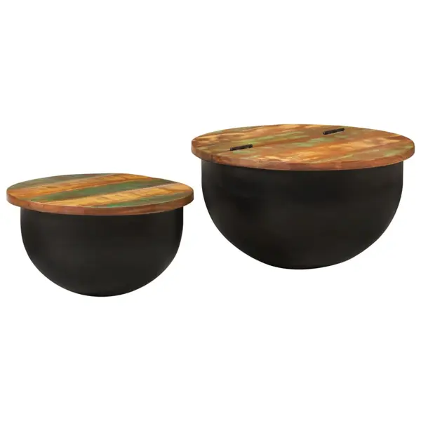 Gossi set masute de cafea, 2 piese, negru, lemn masiv reciclat