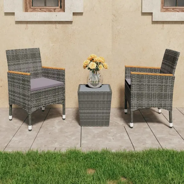 Gossi set mobilier bistro, 3 piese, gri, poliratan/sticla securizata