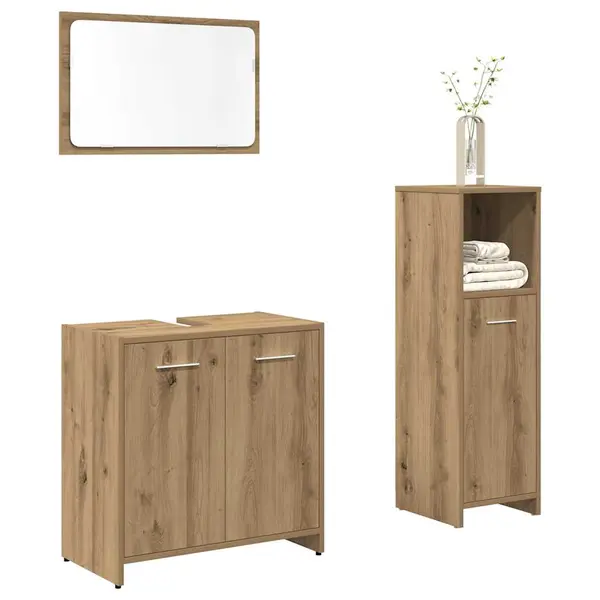 Gossi set mobilier de baie, 3 piese, stejar artizanal, lemn prelucrat