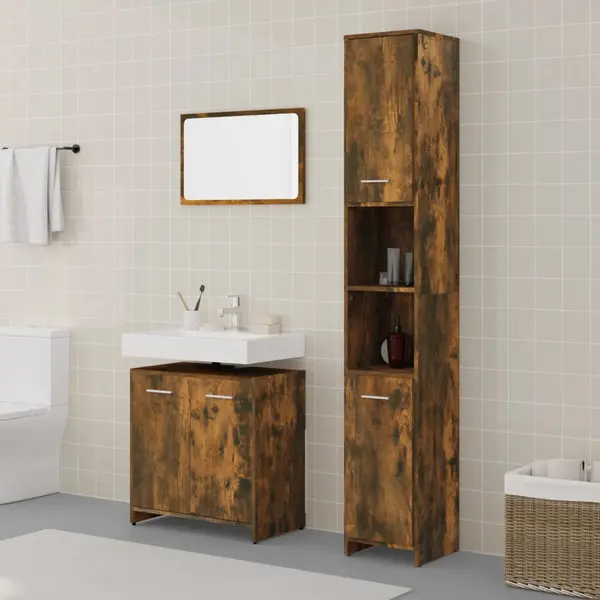 Gossi set mobilier de baie, 3 piese, stejar fumuriu, lemn prelucrat