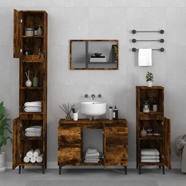 Gossi set mobilier de baie, 3 piese, stejar fumuriu, lemn prelucrat