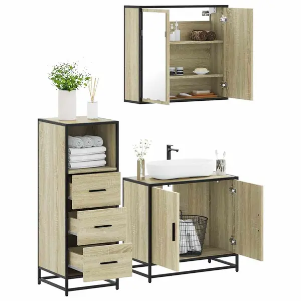 Gossi set mobilier de baie, 3 piese, stejar sonoma, lemn prelucrat