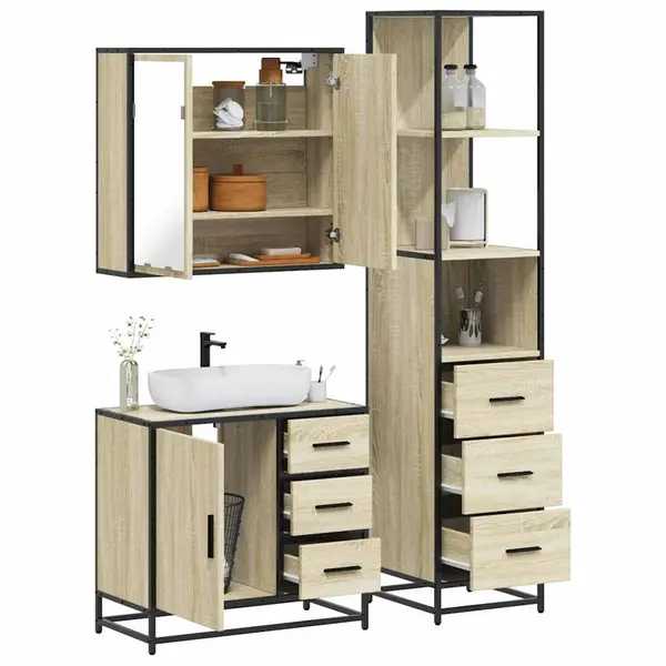 Gossi set mobilier de baie, 3 piese, stejar sonoma, lemn prelucrat