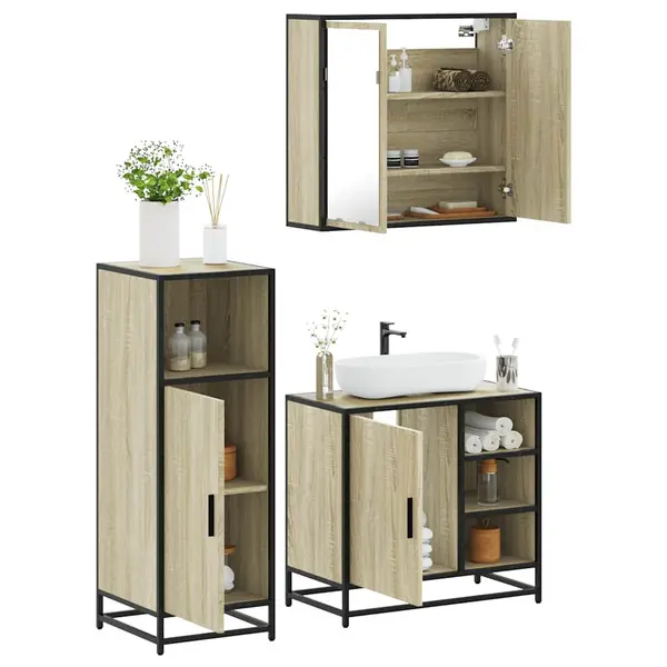 Gossi set mobilier de baie, 3 piese, stejar sonoma, lemn prelucrat