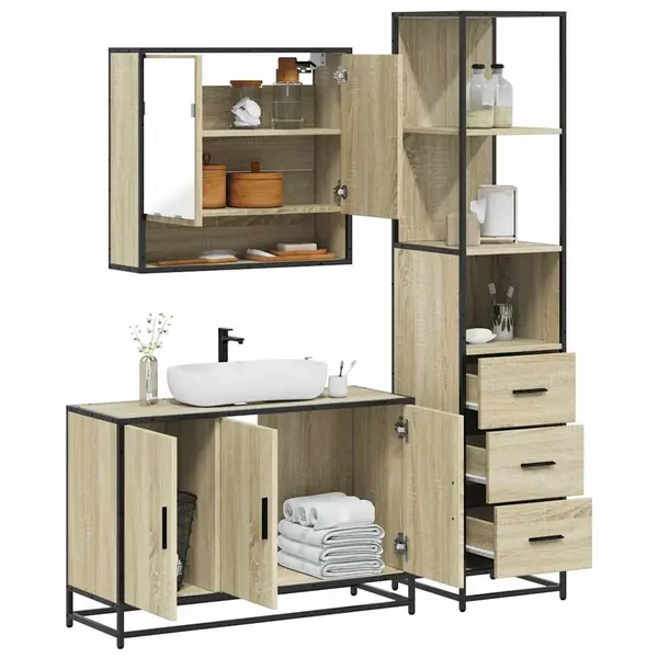 Gossi set mobilier de baie, 3 piese, stejar sonoma, lemn prelucrat