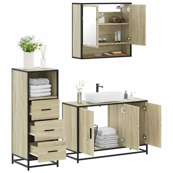 Gossi set mobilier de baie, 3 piese, stejar sonoma, lemn prelucrat
