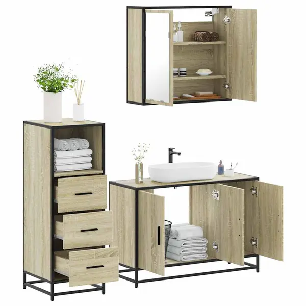 Gossi set mobilier de baie, 3 piese, stejar sonoma, lemn prelucrat
