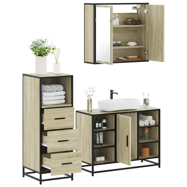 Gossi set mobilier de baie, 3 piese, stejar sonoma, lemn prelucrat