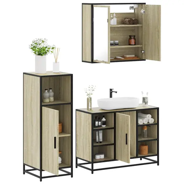 Gossi set mobilier de baie, 3 piese, stejar sonoma, lemn prelucrat
